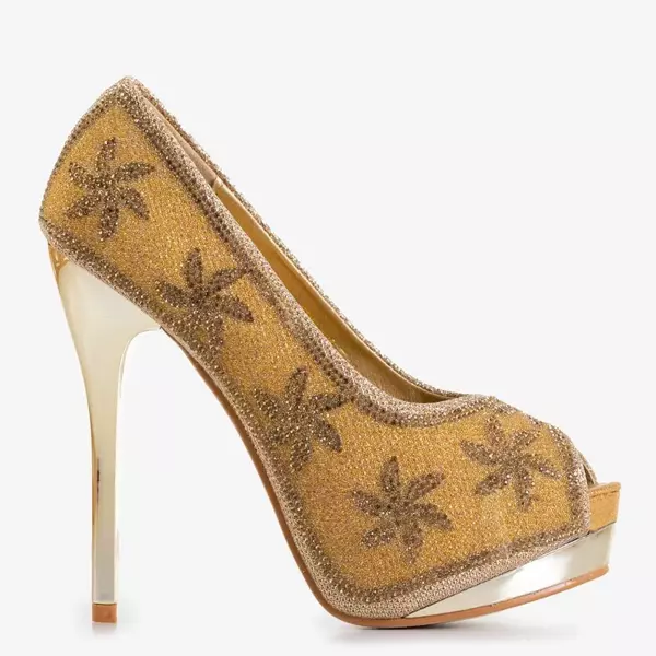 OUTLET Женские туфли на высоком каблуке из золотой парчи с фианитом Yilla - Обувь