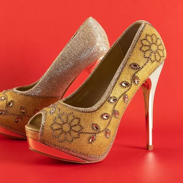 OUTLET Золотые блестящие женские туфли на высоком каблуке с фианитом Penina - Обувь