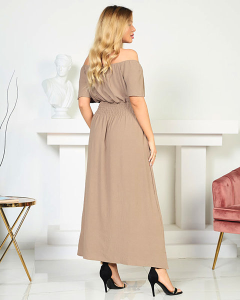 Светло-коричневое платье миди с эластичным поясом - Одежда