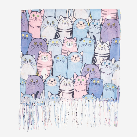 Блакитний жіночий шарф з різнокольоровими котами