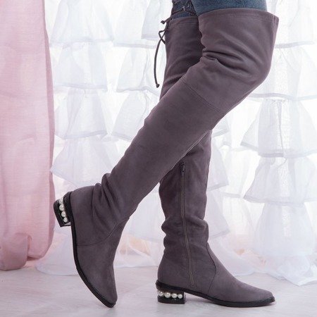 Сірі черевики на коліна з оздобленим каблуком La Perlo - Взуття