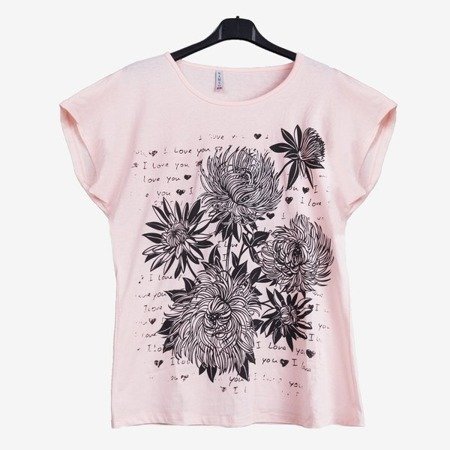 Світло-рожева жіноча футболка з квітами та написами - Блузки 1